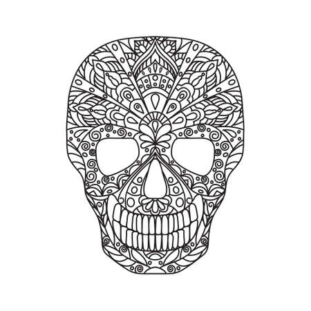 Skull. Black line vector illustration in doodling style isolated on white background.のイラスト素材