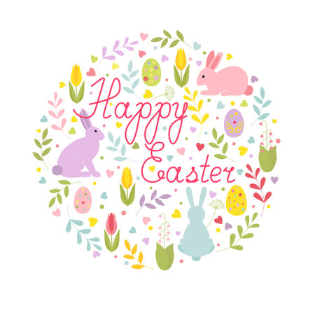Easter card with cute cartoon bunnies, twigs, hearts, Easter eggs, flowers and polka dots. Isolated vector illustration on white background.のイラスト素材