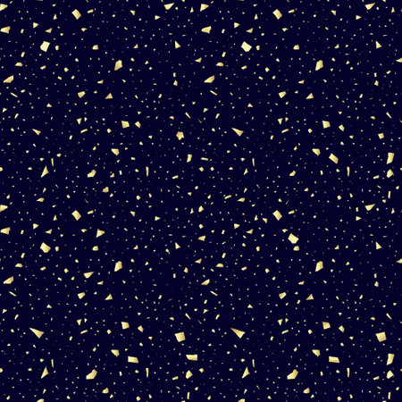 Abstract seamless vector pattern with gold glittering flying confetti on a dark blue background.のイラスト素材