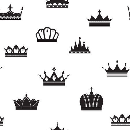 Crown. Seamless pattern with a variety of vintage crowns. Vector black silhouettes on a white background.のイラスト素材