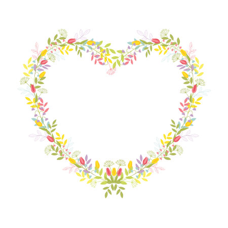 Frame in the shape of a heart from a variety of flowers, herbs and twigs with with leaves. Vector color isolated illustration on white background.のイラスト素材