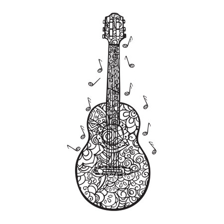 Cartoon Guitar. Vector linear illustration in doodling style isolated on white background. Coloring page.のイラスト素材