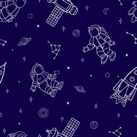 Cartoon flying astronauts and spaceships in outer space among the planets and stars. Seamless vector pattern on a blue background.のイラスト素材