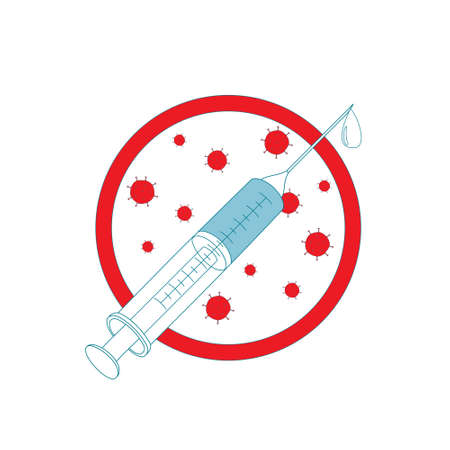Vaccinations as a Necessity to Protect Against the Coronavirus Epidemic. Medical syringe with medicine as a prohibition sign for viruses. Vector color cartoon hand drawing isolated on white backgroundのイラスト素材