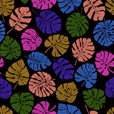 Colorful leaves of the tropical plant monstera. Seamless vector pattern on dark background.のイラスト素材