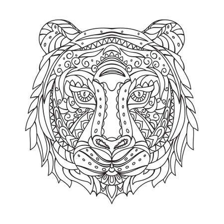 tiger head. Decorative linear pattern in doodle style. Isolated vector coloring book on a white background.のイラスト素材