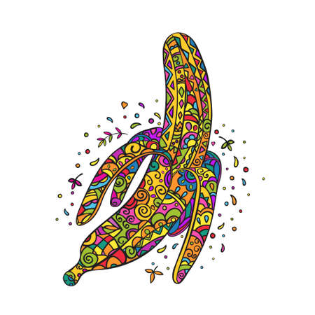 banana fruit. Bright multicolored hand drawn doodle style isolated icon on white background.のイラスト素材