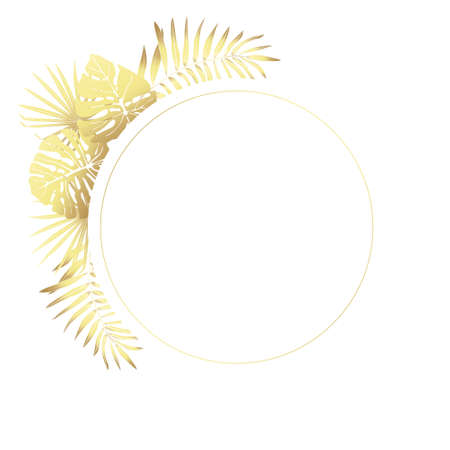 Leaves of tropical plants with round frame. Vector gradient illustration golden on a white background.のイラスト素材