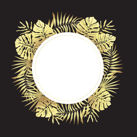 Round frame with leaves of tropical plants. Vector golden gradient illustration on a black background.のイラスト素材