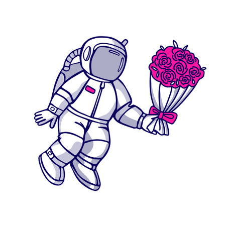 Cartoon astronaut with a bouquet of flowers. Cute vector illustration for Valentine's day, wedding, party, children's holiday. Hand drawing isolated on white background.のイラスト素材