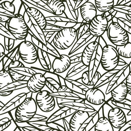 Olive fruits and leaves on branches. Vector seamless linear hand drawn pattern.のイラスト素材