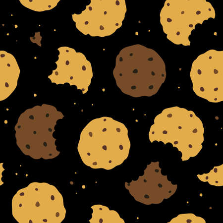Seamless pattern with homemade choco chip cookies with chocolate crisps isolated on black...