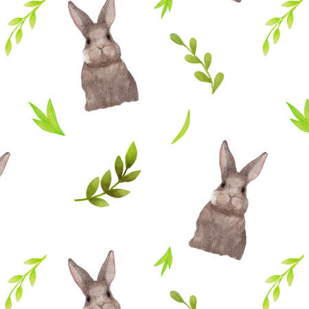 Watercolor seamless pattern with hare or rabbit and plants on a white background. Hand drawn seamless design in forest theme.の写真素材