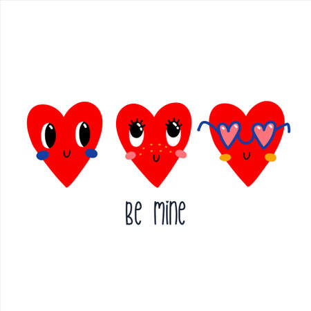 Hand drawn various colorful cute Hearts. Be mine. Hand drawn trendy Vector illustration. Love, Romance, Valentine's Day concept. Flat design. All elements are isolated.のイラスト素材