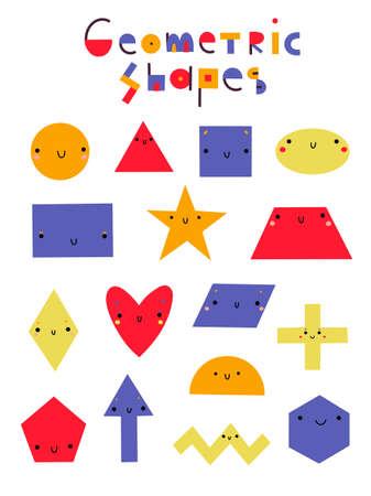 Big set of various bright basic geometric figures with face emotions. Different shapes: circle, square, triangle, oval, rectangle, star, trapezoid, rhombus, heart, parallelogram, cross, semicircle, pentagon, arrow, hexagon, zigzag. Illustration for kids. Cute funny characters.のイラスト素材