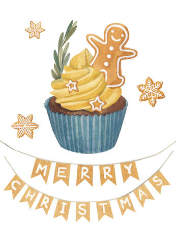 Christmas cupcake with a gingerbread man and a rosemary twig. Kraft flags, stretch marks for Merry...