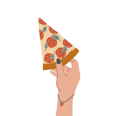 A hand holding a slice of pepperoni pizza. Isolated on white background. Hand holding fast food. Unhealthy lifestyle habits and obesity and poor health concept. Hand-drawn style vector illustration.のイラスト素材