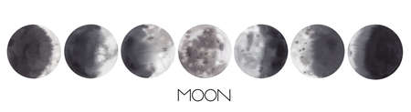 Watercolor Set of moon phases. Different phases of the moon on a white background. A symbol of a new beginning, a dream, fantasy, magic. Hand drawn moon watercolor illustration.の写真素材