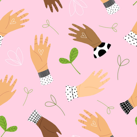 Seamless pattern of womens hands of different races with green sprouts. The idea of flowering, spring, awakening, womanhood. Hand draw vector illustration.のイラスト素材