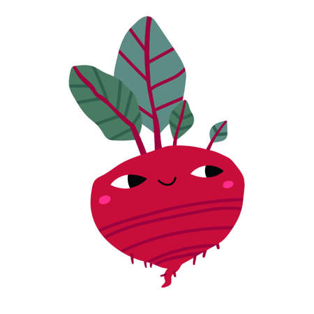 Cute and funny cartoon beet with face expression. fresh farm healthy food. smiling face. Healthy food vegetable vector illustration. cute cartoon character. Education card for kids.のイラスト素材