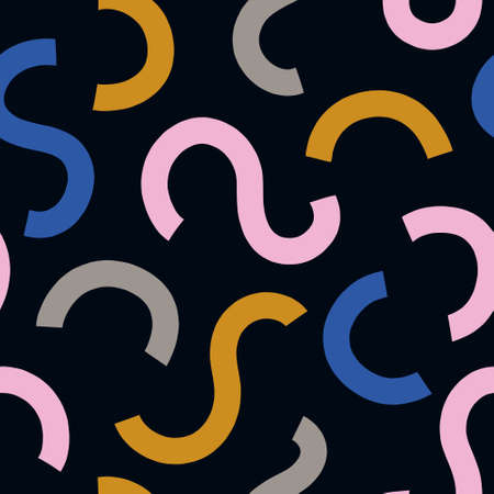 Seamless pattern of hand drawn abstract line stripes various shapes. Isolated bold curved lines on a black background. Modern trendy illustration for fabric, wrapping, textile, wallpaper, clothing, surface texture, prints.のイラスト素材