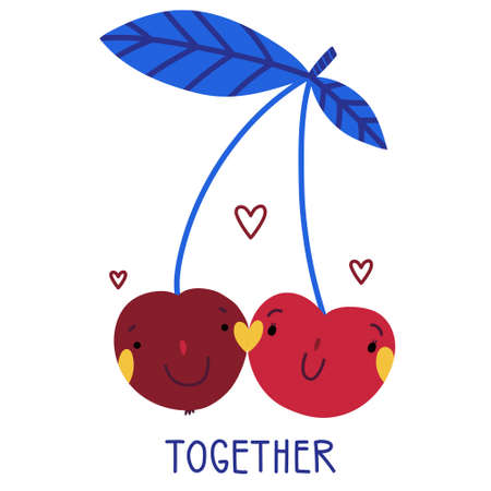 Two cherries in love leaning on each other's cheeks. A couple of cute cherries that say "together". Cute greeting card for St. Valentine's day. funny cartoon characters.のイラスト素材