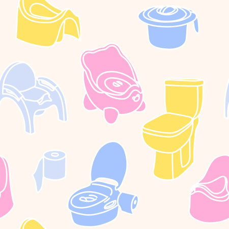 Seamless pattern of colored plastic potty for children flat vector illustration on light background....