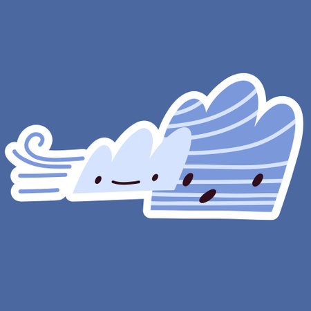 Cute clouds blown away by the wind. Windy weather Sticker. Child flat vector illustration isolated on blue background. cartoon style.のイラスト素材