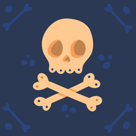 Cartoon skull with crossbones isolated on a dark background. Symbol of piracy. Simple hand drawn Jolly Roger sign. Halloween vector illustration.のイラスト素材