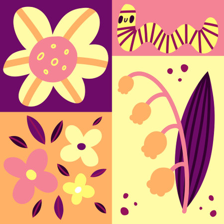 Spring geometric mosaic of primrose, leaves, flowers, lily of the valley, worm. Beautiful romantic flower collection. Joyful gentle spring mood. vector illustration.のイラスト素材