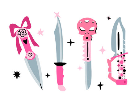 Pink Combat Knife Set. Collection of four knives with roses, rhinestones and precious stones in women's style.のイラスト素材