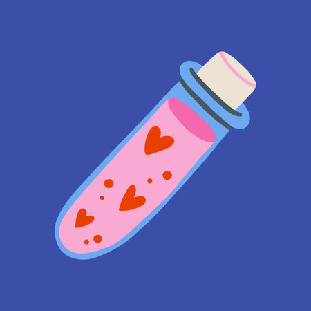 A test-tube with a cork, hearts and pink liquid. Love elixir, love potion. Science romantic love theme. Love is chemistry. Vector illustration for Valentine's day.のイラスト素材
