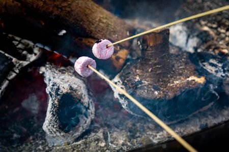Two Marshmellows Slowly Roast in a Fire Pitの写真素材