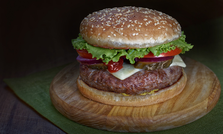 Image of a hamburger closeup on a dark backgroundの写真素材