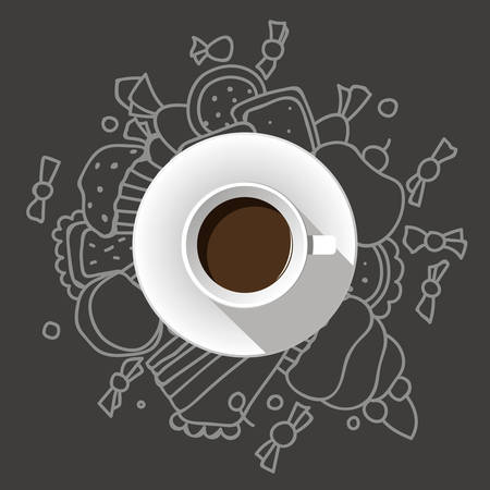 Vector cup of coffee on dark background with different sweets. Top view of cup.のイラスト素材
