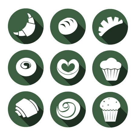 set of bakeries icons. scones, muffins, buns, tarts, bagels. icons with long shadow on the green background.のイラスト素材