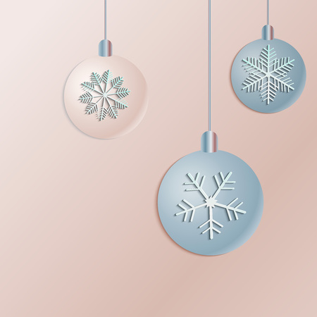 New year ball. Vector white paper christmas snowflake and ball on a rose background. New year card for holiday design. Merry Christmas Greeting Card - paper cut style - in vector.のイラスト素材