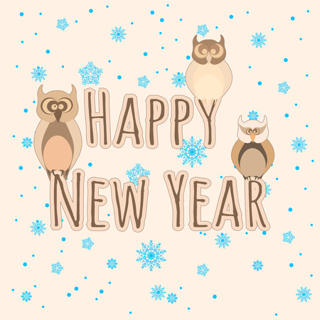 Happy New Year. Three owls. Lettering. Greeting card with owls and snowflakes background.のイラスト素材