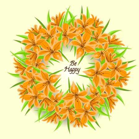 Wreath with lily and inscription. lily wreath. Lily bouquet.のイラスト素材