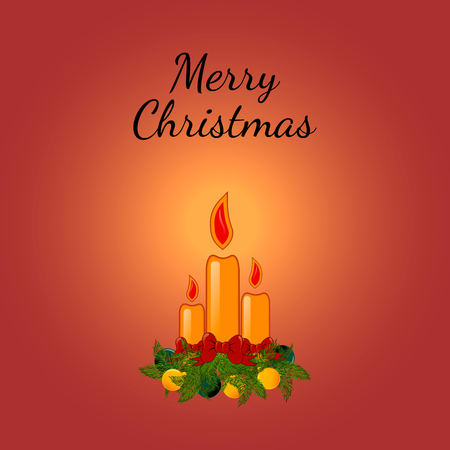 Christmas Greeting Card with candle. illustration. Christmas candle with Christmas tree branches and bows.のイラスト素材