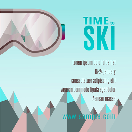 ski goggles with reflection of mountains. Flat design modern vector illustration. Ski Party Poster Template with Mount and sunglass. Time to ski.のイラスト素材
