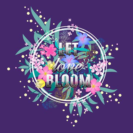 Let love Bloom floral card. Cute Floral Valentine Vector card background with flowers.のイラスト素材