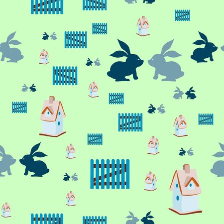 Seamless pattern with nesting box, two rabbits, little fence. Springtime and easter.のイラスト素材