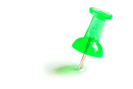 Emeraldine drawing pin with shadow. isolated on white の写真素材