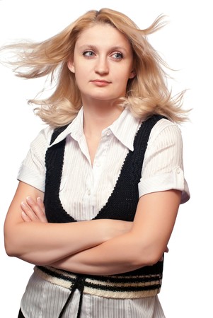 Attractive woman with her arms crossed. Isolated on white background.の写真素材