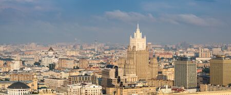 Sity landscape panorama of Moscow from roof of Hotel Ukraina. MID, Smolenskiy Passage, Temple of Christ the Savior.の写真素材