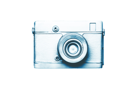 white vintage camera on white isolated backgroundの写真素材