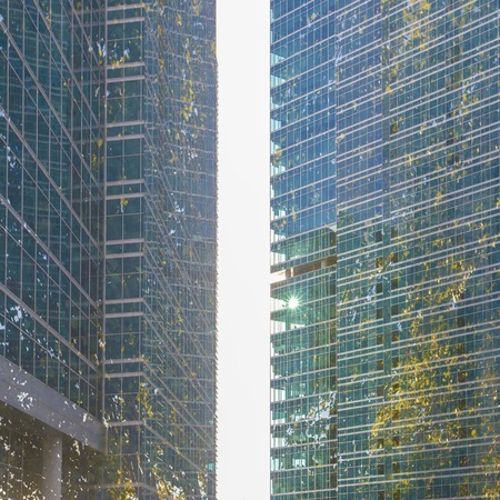 Sustainable, green energy city, urban ecology concept and modern business buildings surface covered in forest with copy space.の写真素材