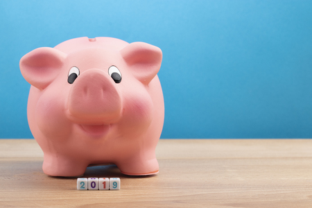 Year 2019 financial goal, happy smiling pink piggy bank with wooden cube block with number 2019 on...