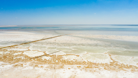Unusual landscape. Fantastic view. Lake Baskunchak, Astrakhan Region, Russia. Saline. Great steppe. View from above Photo from quadcopterの写真素材